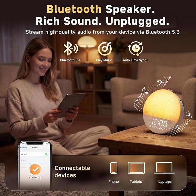 Geuuap Sunrise Alarm Clock White Noise Machine | Natural Wake-Up Light for Bedroom with 30 Soothing Sleep Aids, Bluetooth Speaker, Dimmable Clock, Screen-Free Design for Baby Adults Kids-Grey