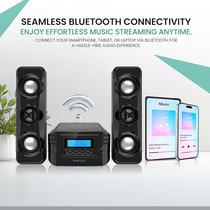 Philco Stereo Shelf Systems Compact CD Shelf System with Digital FM Stereo Radio, Bluetooth Wireless Technology, and Remote Control | LCD Display | MP3 & AUX Port Compatible | USB Playback (Black)