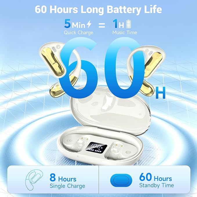 CoolJumper Open Ear Bluetooth 5.4 Headphones with Ear Hooks, 16.2mm Large Driver, 60H Total Playtime LED Digital Charging Case, IPX7 Waterproof, ENC Clear Call Sports Earbuds for Running Gym Commute