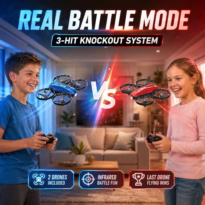 Holy Stone HS210FS Mini Drone for Kids Beginners, 2-Player Indoor RC Quadcopter Set with Battle Mode, 360° Flips, Circle Fly, Headless Mode, Altitude Hold, LED Lights, 4 Batteries