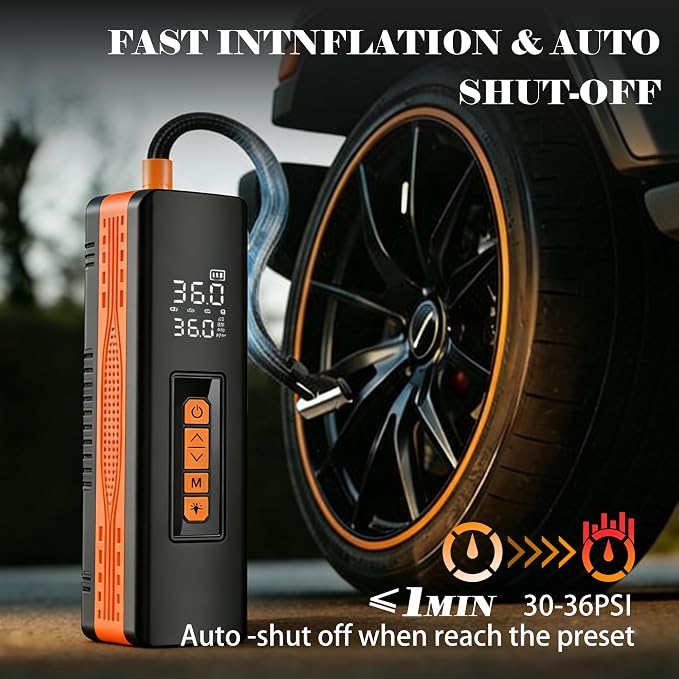 Tire Inflator Portable Air Compressor, 5X Faster 150 PSI Portable Tire Inflator for Car, Built-in Magnetic Storage, Auto Shut-Off Cordless Air Pump, LED Light for Cars, Motor, Bikes