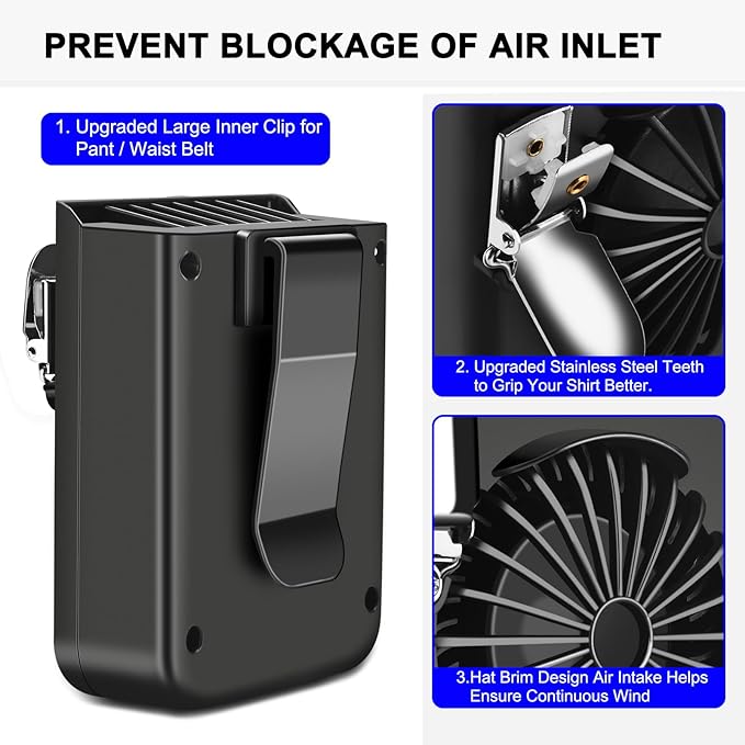 Waist Fan Clip on for Men, Mighty Powerful 3 Speeds Portable Rechargeable 8000mAh Battery Operated Body Cooling Shirt Belt Neck Fan, Gift for Hiking, Fishing, Working, Blue-collar