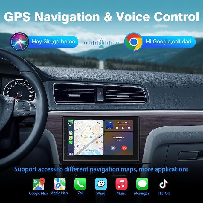 Haudio Double Din Car Radio with Wireless CarPlay & Android Auto, 7" HD Touchscreen Car Stereo with Mirror Link, Backup Camera, GPS Navigation, Bluetooth, Voice Control, SWC/FM/AM/RDS (2+64G)