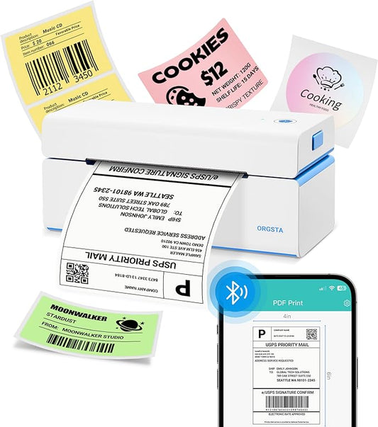 ORGSTA Bluetooth Thermal Shipping Label Printer: Wireless Computer Connection with Bluetooth Dongle, 4x6 Label Maker for Small Business, Compatible with iPhone, Android, Windows, Mac, Linux & Shopify