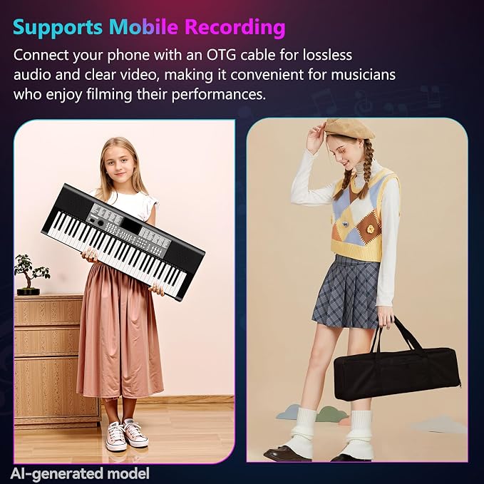 TERENCE Keyboard Piano 61 Keys Dual HiFi Speakers Digital Piano with 51 Panel Function Buttons LED Display Dual Keyboard 2 Power Options Electric Piano Support for Headset and Microphone