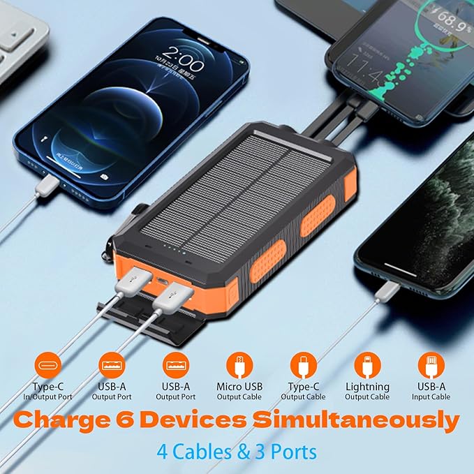 Power Bank 2 Pack, Solar Charger with Built-in Cables 49800mAh +Solar Power Bank 20000mAh for iPhone Android Samsung, iPad