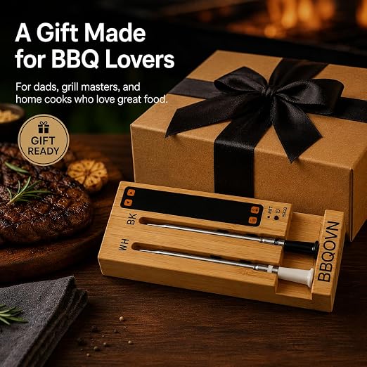 BBQOVN WiFi Sub-1G Wireless Meat Thermometer Unlimited Range 7 NIST Certified Sensors with Ambient Temp 2 Temp Monitoring Ways Digital Smart Base and App for BBQ, Smoker, Grill, Oven (Dual Probes)