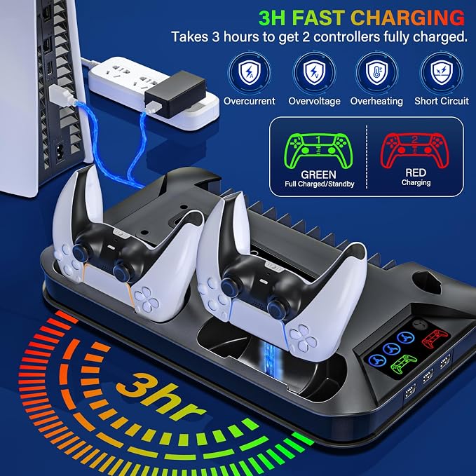 Cooling Station Console for Playstation PS5/Slim/Pro, Stand with Controller Charging Station for Playstation Console Playstation 5 Slim&Standard Disc/Digital Console, Cooler Accessories for PS5 Incl Cooling Fan/3 USB Hubs