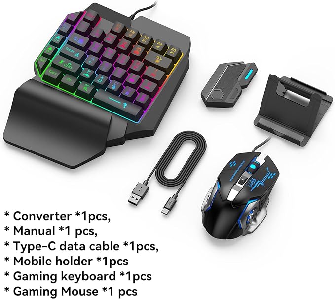 Gaming Keyboard Converter Gaming Keyboard Set RGB Gradient USB One Handed Keyboard Type C Wired Mobile Phone Holder(Mix SE automatic pressure gun set)