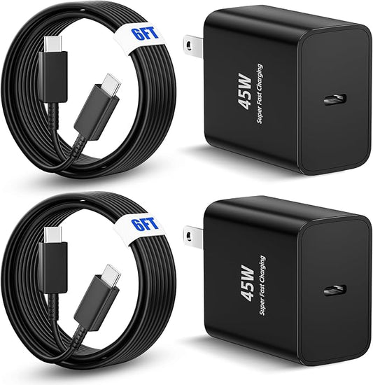 45 W Type-C Super Fast Charger Long Type C Charger Fast Charging 6/10FT 2 Pcs Phone Charger Cable Cord Suitable for Galaxy S25/S24 S23 S22 S21 Ultra/S20/S20 Ultra/Note 20 Ultra(45 W Black, 6FT)