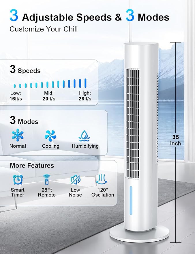 Windowless Portable Air Conditioners, 35" Evaporative Air Cooler w/3 Speeds&3 Modes, 25ft Remote&Smart Timer, 120°Oscillating Portable AC Unit, Swamp Cooler Air Conditioner for Bedroom Indoor