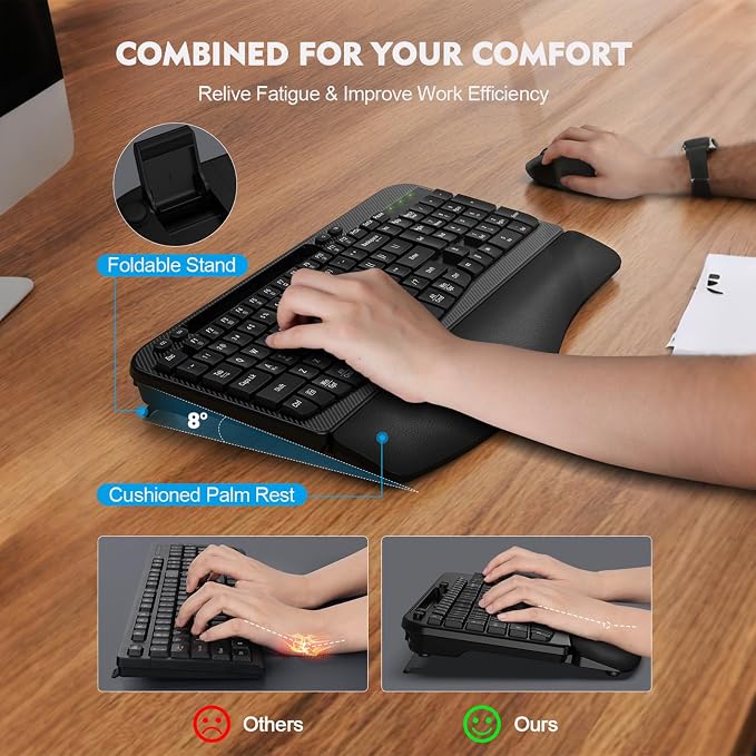 Wireless Keyboard and Mouse Combo, Full-Sized Ergonomic Wave Keys Keyboard with Memory Foam Wrist Rest & Phone Holder, 2.4G Quiet Keyboard Mouse Work Setup for PC Laptop, Office or Home (Black)