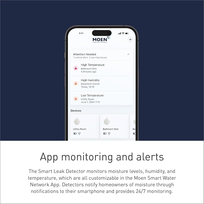 Moen Flo Smart Water Leak Detector, Drip or Flood Sensor Alarm for Home, 2-Pack, White, 920-004