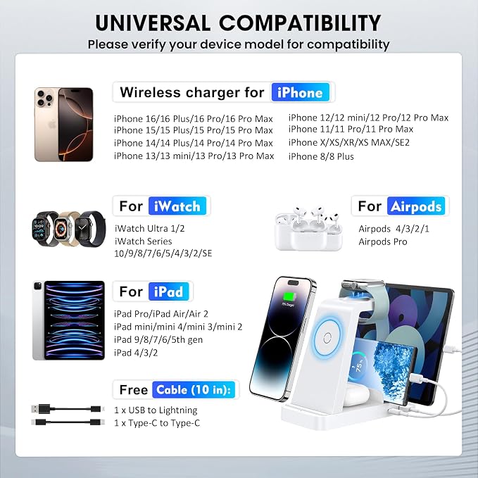 GAUOLN Wireless Charger for iPhone - 5 in 1 Charging Station for Multiple Devices Apple: Fast Wireless Charging Stand Dock for iPhone 17 16e 16 15 14 13 12 Pro Max Apple Watch Airpods(White)