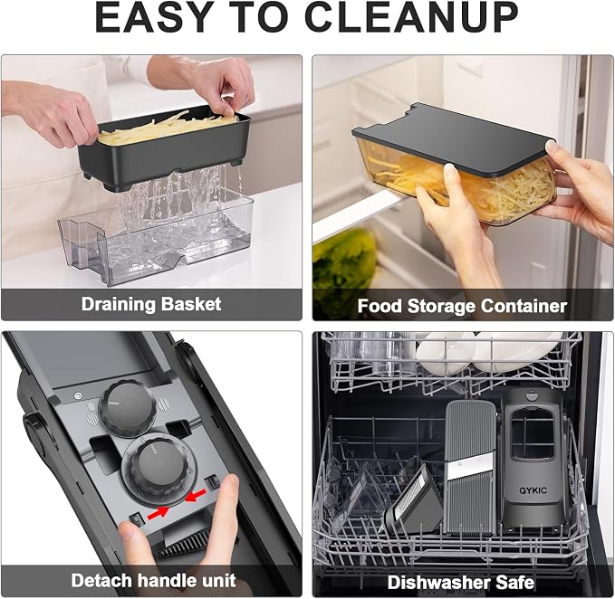 8 in 1 Mandoline Slicer for Kitchen, Vegetable Chopper, Potato Slicer, Fry Cutter Onion Chopper with Drain Basket Food Container with Lid, Stainless Steel Cheese Grater for Quick Meal Pre (Black)