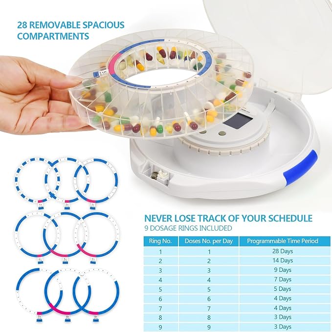 Bluetooth Automatic Pill Dispenser for Seniors – 28-Day Medication Organizer with App Setup, Locking Lid with Keys, Programmable Audio/Visual Alerts for Dementia & Chronic Care