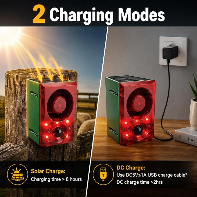 ChunHee Solar Outdoor Motion Sensor Alarm with Dog Barking Gunshot Sound, Support Recording and Adjustable Volume, 130db Loud Noise Maker 3 Work Modes Strobe Light for Home, Villa, Farm, Barn (3pack)