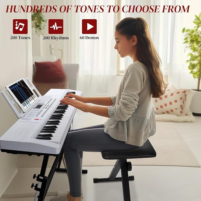 Ktaxon 61 Key Keyboard Piano Electric Keyboard w/Lighted Keys, Electric Piano Set with Headphones, Microphone, Music Rest, Power Adapter, Stand, Piano Bench and Manual (Full-White)