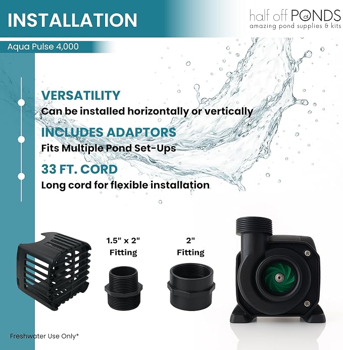 Aqua Pulse Submersible Pond Pump, 4,000 GPH, 33 ft Cord | 21 ft max head, 276W energy efficient, Ultra quiet, For koi ponds, Waterfalls, Fountains