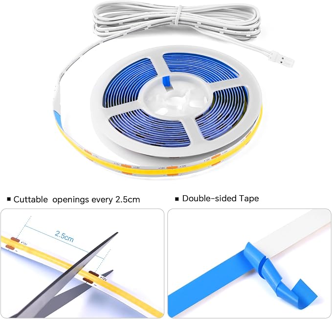 12V Under Cabinet Lighting Kit,3.3Ft 6-in-1 Self-Adhesive COB LED Strip Lights with 36W Adapter Touch Dimmable Led Shelf Lighting 4000k for Kitchen Counters Book Shelf Closet Showcase