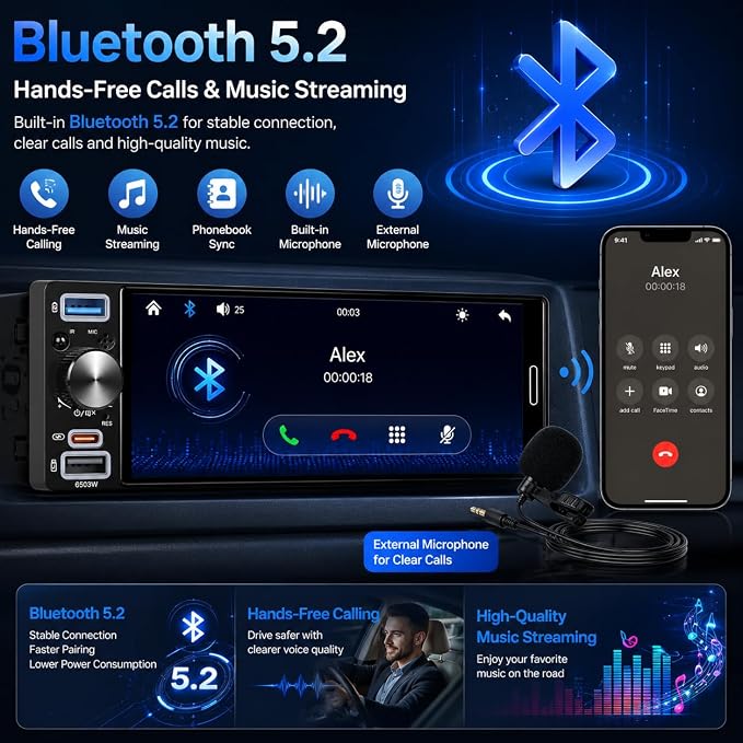 6.5" Single Din Car Stereo, Wireless Apple CarPlay Android Auto, Car Bluetooth 5.2, Car Radio with HD In-Cell IPS Touchscreen,FM/AM/RDS, Dual USB Type-C, HD Backup Camera, 180W Audio Output, Subwoofer