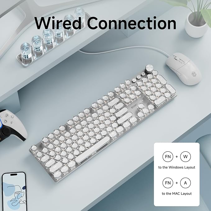 EWEADN Wired Typewriter Keyboard and Mouse Combo, Typewriter Style Mechanical Keyboard,104 Keys Backlit LED Keyboards, Media Control Knob, Wired Keyboard White Switch for Windows/PC-White