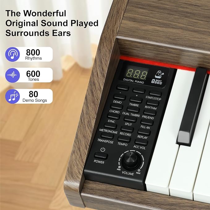 Digital Piano Keyboard 88 key,Semi-Weighted Electric Piano,Full Size Acoustic Piano for Beginners with Pedal, USB-MIDI Compatibility (Walnut)