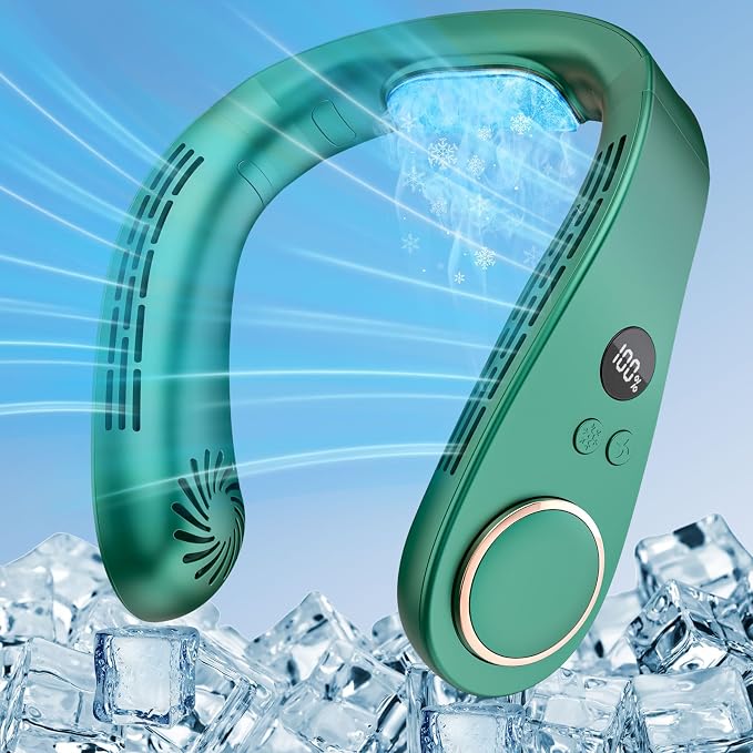 Neck Coolers with Cold Cooling Plates, LED Display & 5 Fan Speeds, Quiet Rechargeable AC Neck Cooler, Hands-Free Hanging Battery Powered Necklace Fans for Women Men Kids Indoor Outdoor, Dark Green
