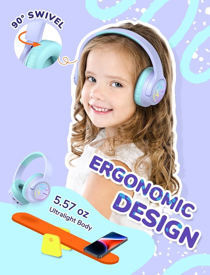 iClever Kids Bluetooth Headphones with LED Lights, BTH18 Safe Volume 74/85dBA, 43H Playtime, Bluetooth5.3 Kids Headphones Wireless Aux Cord for iPad/Tablet/Travel/School, Purple