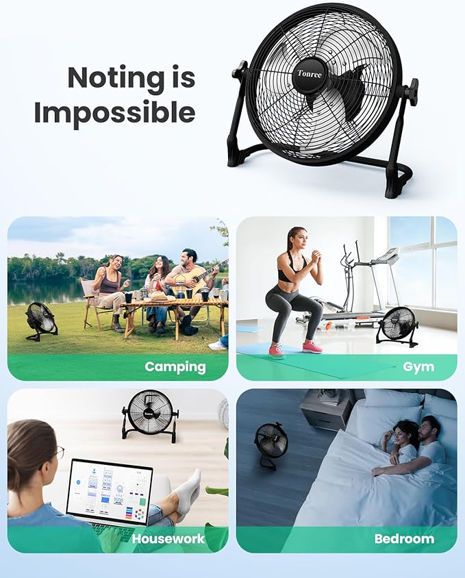 14" Portable Battery Operated Solar Fan, Rechargeable Floor Fan, Hi-Velocity Cordless Camping Fan, USB Phone Charge, 12-60H Runtime, Quiet, Wireless, For Travel Shed Outdoor Home Garage Tent Car Barn