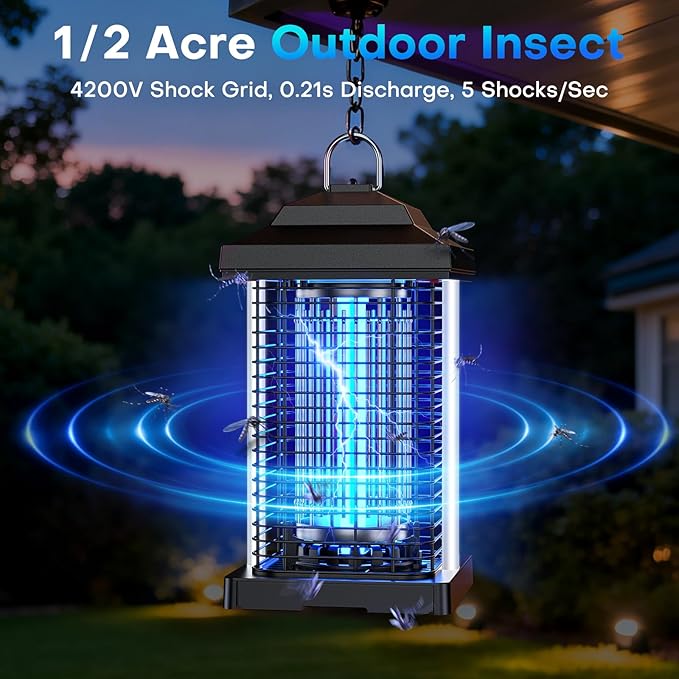 Bug Zapper Outdoor, Dual Wavelength UV 50000H Lifespan & Dual LED Lamps, 1/2 Acre Coverage, 5 Zaps/Sec, 4200V Electric Mosquito Zapper, IPX4 Waterproof Fly Trap for Indoor Patio Backyard