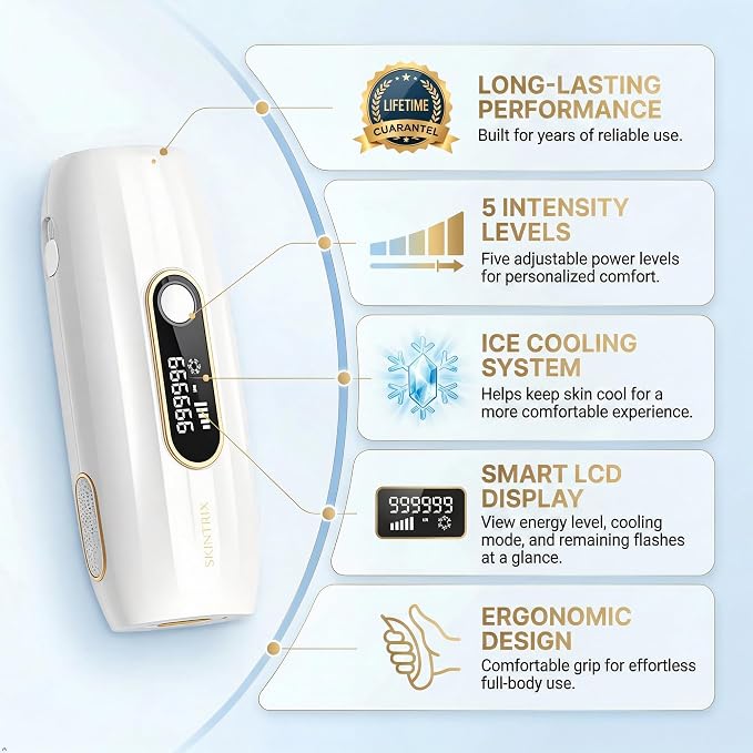 FrostLite Pro Ice Cooling IPL Laser Hair Removal Device - At Home Gentle & Painless Hair Reduction for Smooth, Hair-Less Skin on Body for Women and Men