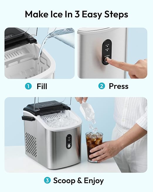 EUHOMY Countertop Ice Maker Machine with Handle, 26.3lbs Per Day, 9 Cubes in 6 Mins, Auto-Cleaning Portable Ice Maker with Basket and Scoop, for Home/Kitchen/Camping/RV (Silver)