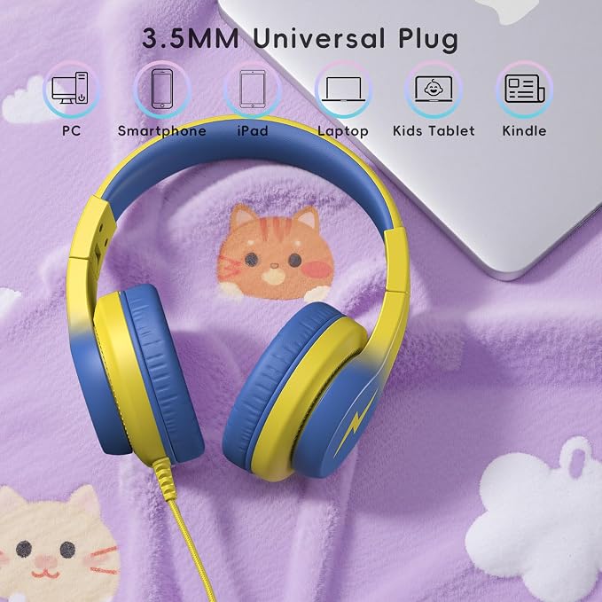 Candy Bila Kids Headphones, Wired Headphones for Kids Over Ear with Microphone, 85/94dB Volume Headphone for Girls Boys, Foldable Headphone for Learning & Entertainment, Light Yellow