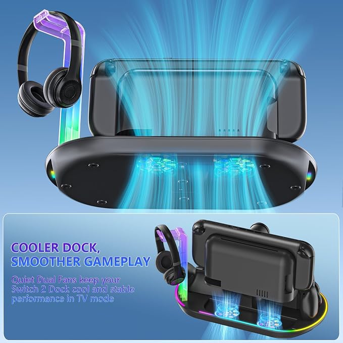 Charging Station for Switch 2 with Cooling Fan DOBEWINGDELOU Controller Charger for JoyCons and Pro Dock Stand with RGB Light 2 USB Ports 7 Game Card Slots LED Indicators