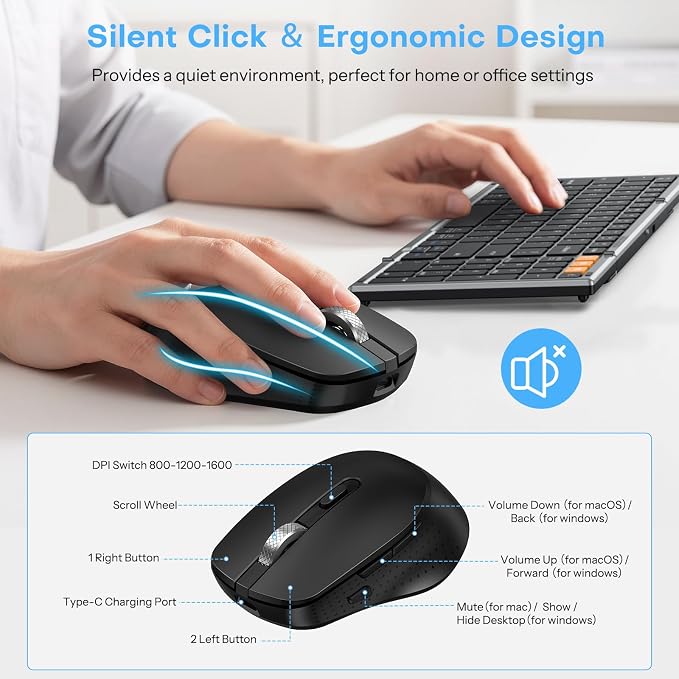 Foldable Keyboard and Mouse Combo for 3 Devices, OMOTON Wireless Bluetooth Set for Business Travel & Office, Rechargeable Keyboard + Ergonomic Mouse for iPad iPhone Tablet Mac Windows, Space Grey