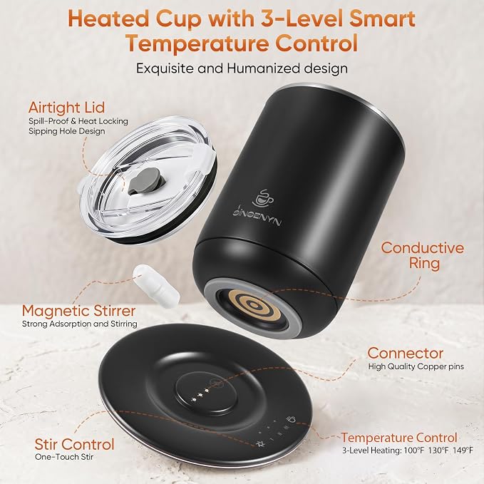 Self Stirring Coffee Mug, Self Heating Coffee Mug, Heated Cup with 3-Level Smart Temperature Control, Auto Shut-Off Electric Coffee Cup Warmer with Detachable Base, Gift for Family Friends (Black)