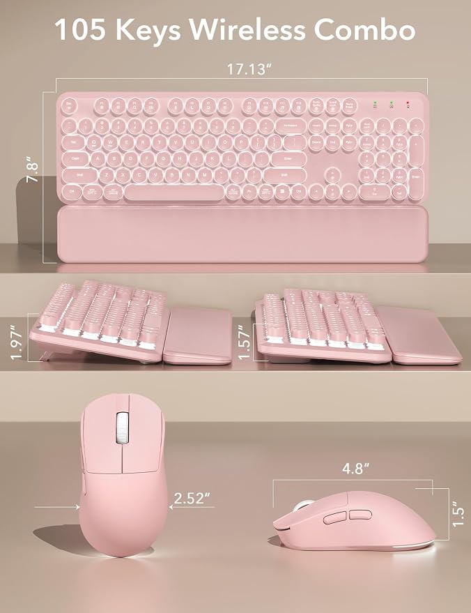 Wireless Keyboard and Mouse Backlit - Pink Typewriter Keyboard with Magnetic Wrist Rest, Retro Round Keycaps, Light Up Letters, 2.4GHz Cordless Combo for Windows, PC, Laptop, Trueque [Upgraded]