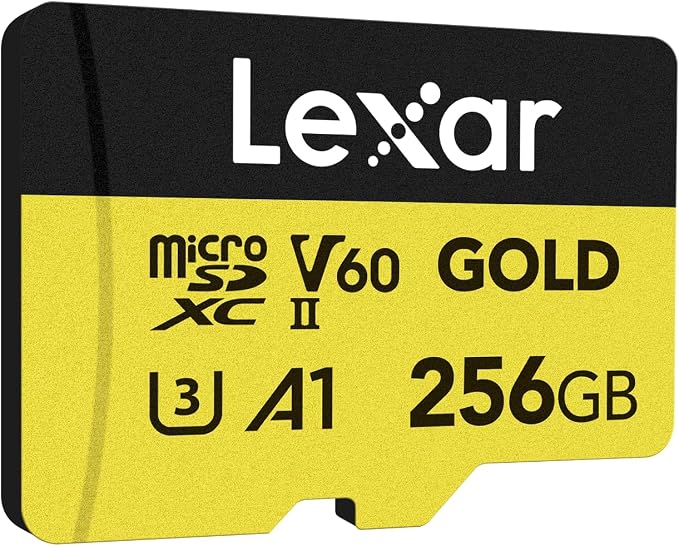 Lexar 256GB Professional Gold Micro SD Card, UHS-II, C10, U3, V60, A1, Full HD, 4K, Up to 280/180 MB/s microSDXC Memory Card, for Drones, Action Cameras, Portable Gaming Devices (LMSGOLD256G-BNNNG)