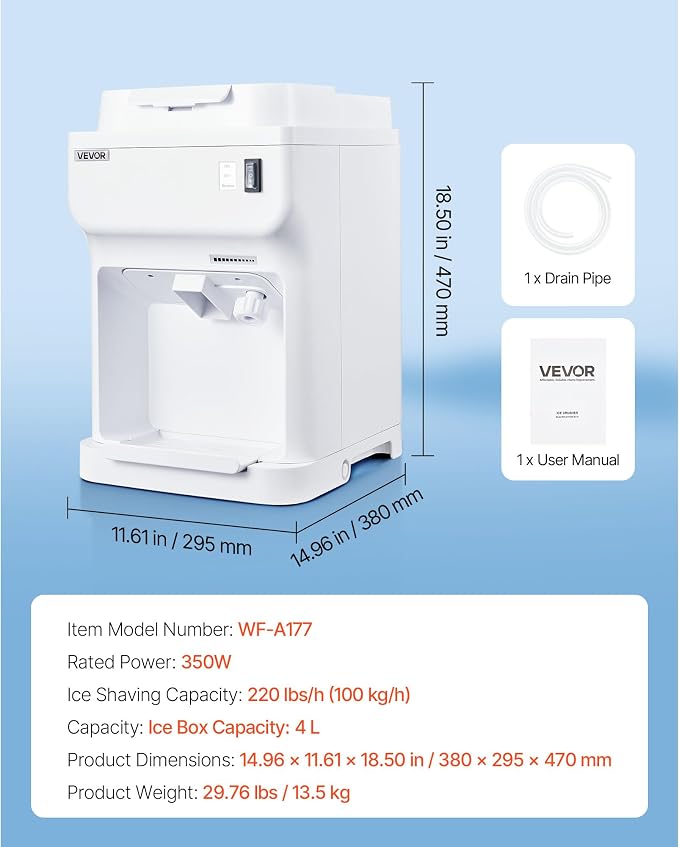 VEVOR Ice Shaver Machine Electric Snow Cone Machine, 265 LBS/H Shaved Ice Machine 250W Ice Crusher Triple Blades Tabletop Shaved Ice Maker with Adjustable Fineness for Home and Commercial Use