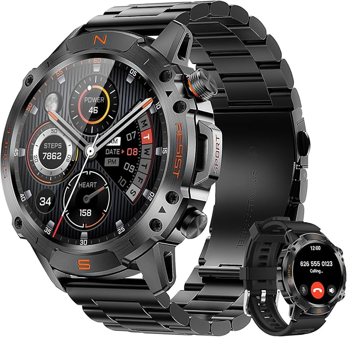 WalkerFit Rugged Military Smart Watch for Men, 1.43" AMOLED Tactical Fitness Tracker (Answer/Make Call), 5ATM Waterproof, Heart Rate/SpO2/Sleep Monitor, 178+ Sports Modes, for Android iPhone, 2 Bands