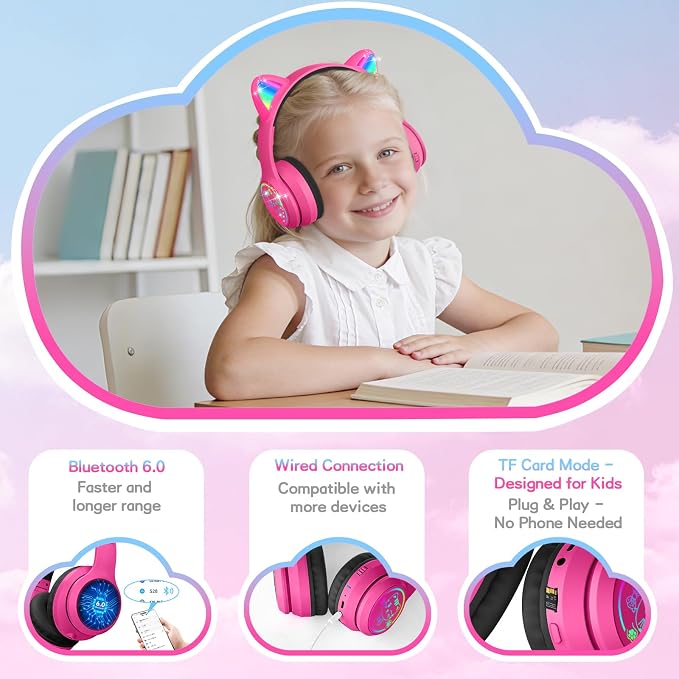 IFECCO Kids Wireless Headphones with Case - Cute LED Light Up Cat Ear,50H Playtime,Safe Volume Limited,Bluetooth 6.0 Kids Girls Headphones for School iPad Tablet Gifts