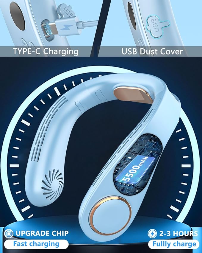 Neck Cooler with Cooling Plate, Around the Neck Hanging Air Conditioner, 5500mAh up to 15H Battery Cooling Device, Quiet Cordless Bladeless Face Fan for Home Office Outside Travel Sports, Light Blue