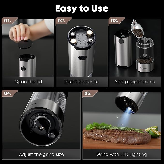 2 Pack Electric Salt Pepper Grinder, One Hand LED Ceramic Burr Adjustable Grind Kitchen Gift