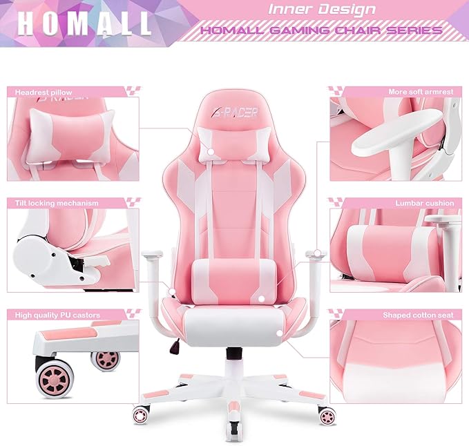 Homall Gaming Chair, Office Chair High Back Computer Chair Leather Desk Chair Racing Executive Ergonomic Adjustable Swivel Task Chair with Headrest and Lumbar Support(Pink)
