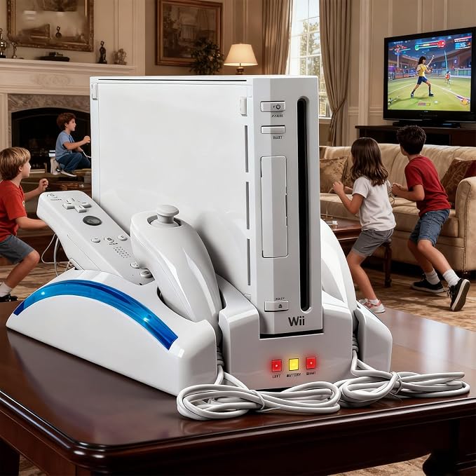 Wii Console Game Organizer Station,Wii Remote Charger Stand Base, 2 Pcs Rechargeable Battery Compatible with Nintendo Console Nunchuk Kit (White)