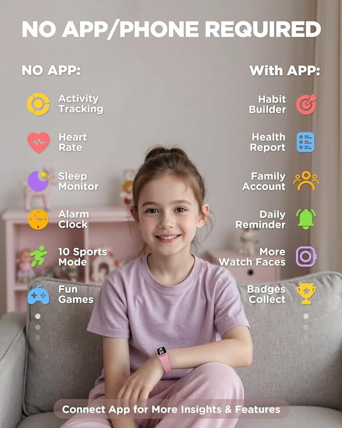 BIGGERFIVE Vigor 3 Kids Fitness Tracker Watch, AMOLED Screen, No App No Phone Needed, 3ATM Waterproof, Heart Rate and Sleep Monitor, Pedometer Watch, Sports Step Counter for Girls Ages 5-15, Pink