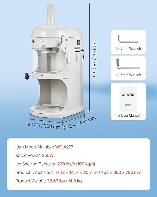 VEVOR Commercial Ice Shaver Crusher, 220lbs/hr Electric Fluffy Ice & Snow Cone Machine, 250W 1500RPM Tabletop Fluffy Shaved-Ice Machine for Parties Events Snack Bar, Home and Commercial Use (White)