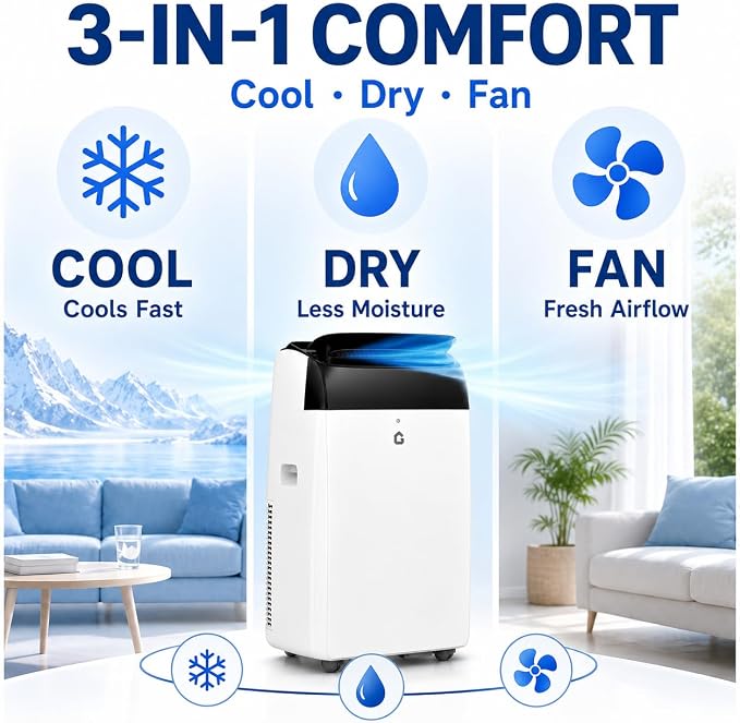 14000 BTU Portable Air Conditioners, 3-in-1 Portable AC Unit with Cooling, Dehumidifier, Fan, 24-Hour Timer & Energy Efficient, Remote Control, Window Kit, Cools Rooms Up to 750 Sq.Ft