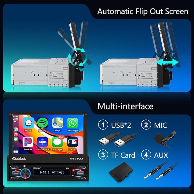 [Automatic] Single Din Flip Out Car Stereo Wireless Carplay Android Auto-7 Inch Touch Screen Radio-USB/TF/AUX in, Mirror Link,FM Radio,Bluetooth, Backup Camera
